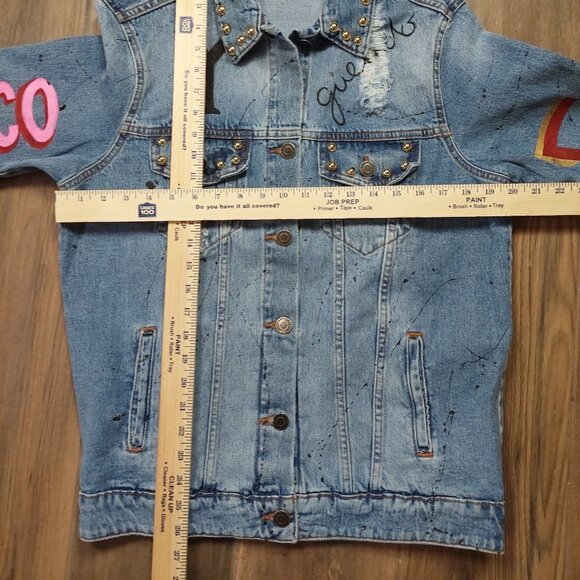 Denim Jean Jacket Mexico Lindo Y Querido Hand Painted Distressed Studs $229 - Picture 10 of 12